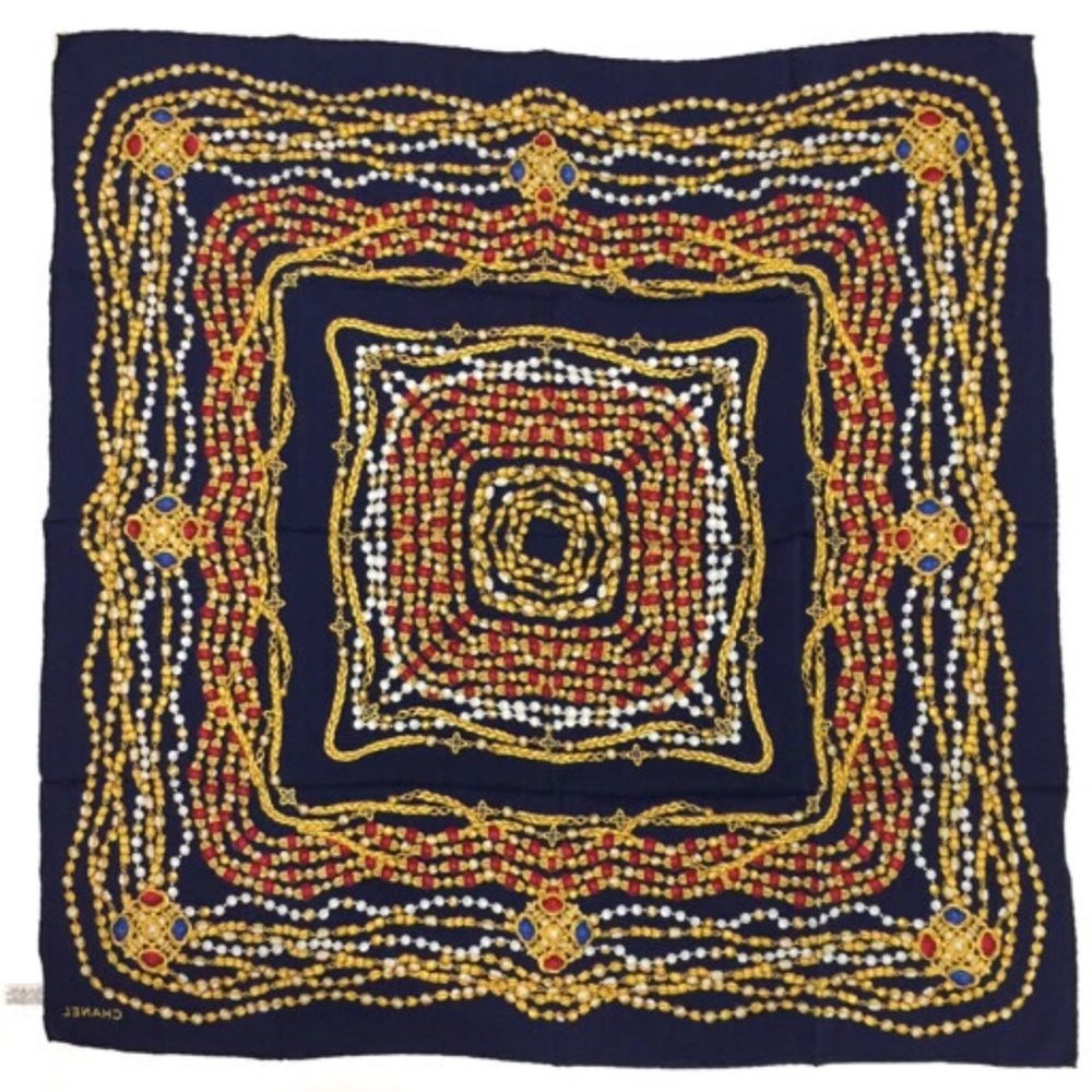 Authentic CHANEL Silk head Scarf large 34”x 34” 87cm Navy Red Gold Classic rope - Picture 2 of 16